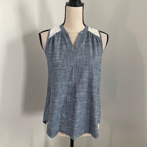 P.S. Kate Tops - Blue Chambray Crochet Womens Blouse Size Small‎ Lace Detail VNeck Boho Chic Top
